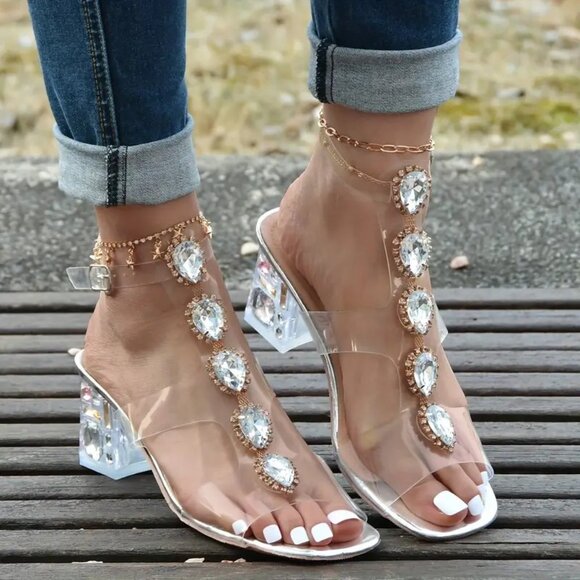 High Quality Shoes - Chunky Heel Rhinestone Sandals (Color: Transparent)